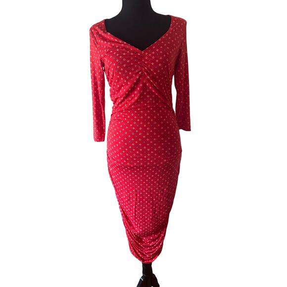 ANTHROPOLOGIE Red Midi Ruched Column Dress Size Small - Picture 4 of 7